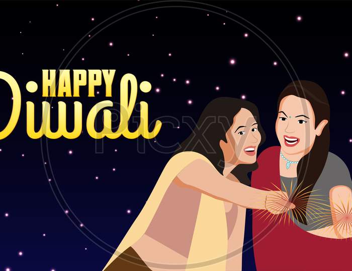 Two Women Celebrating Diwali With Fireworks, Happy Diwali Vector Illustration.