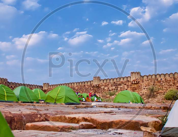 Camping near Golkunda fort in India