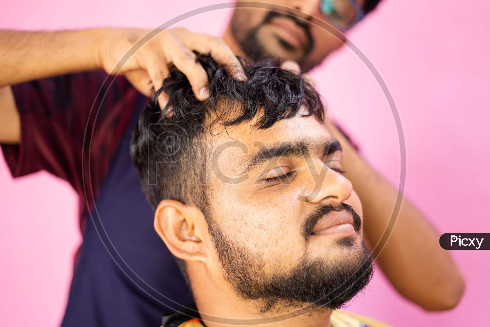 Customer At Barber Shop Enjoying Head Massage From Barber - Concept Of Relaxation And Alternative Health Treatment