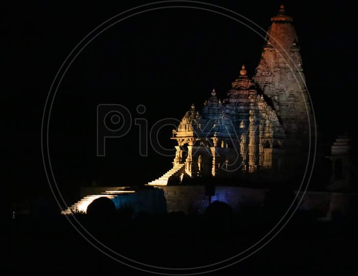 Marvelous architecture details of ancient Khajuraho temple at night
