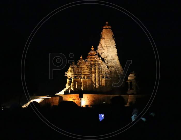 Marvelous architecture details of ancient Khajuraho temple at night