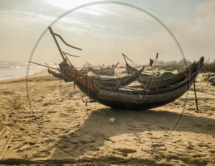 Small Fishing Boats At A Beach In Vietnam