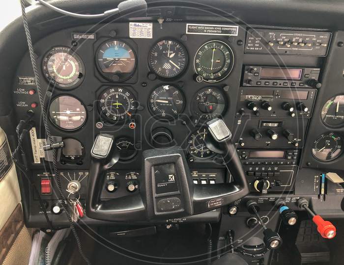 Hohenems, Austria, June 15, 2020 Cockpit Of A Cessna 182