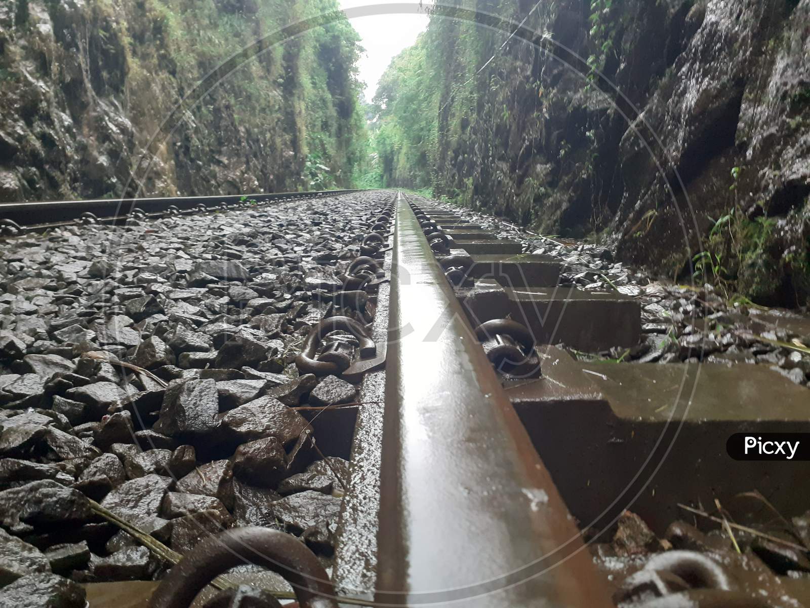 Railway Track In A Rained Time Stock Photo