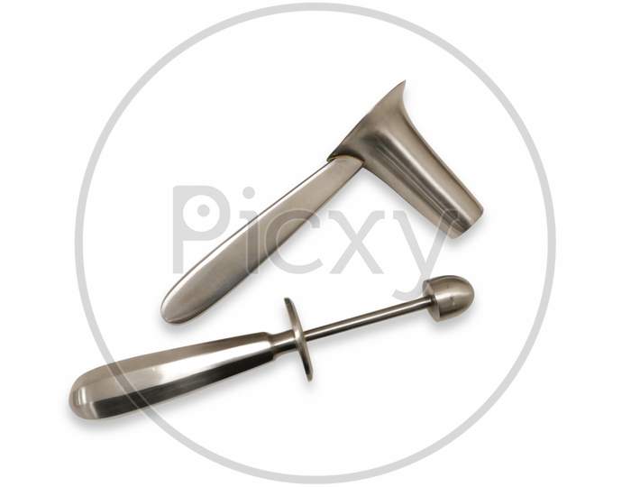 Surgical Instruments Proctoscope In White Background. Using For Examine The Insides Of The Rectum And The Anus. Selective Focus