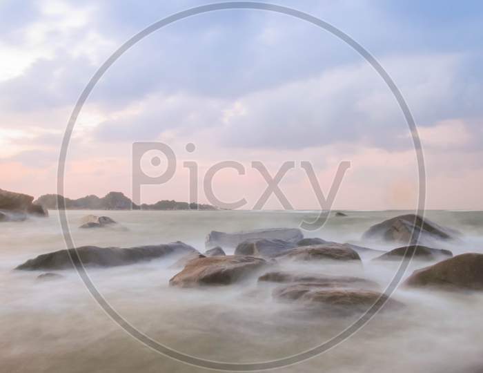 Exposure Photo Of A Rocky Beach On A Cloudy And Cold Day In Quang Ngai, Vietnam