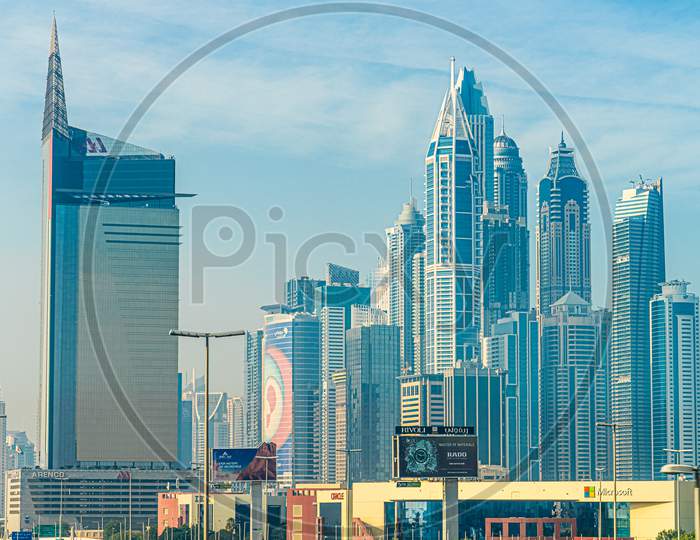 Uae Dubai Skyline Visible From The Dubai Metro