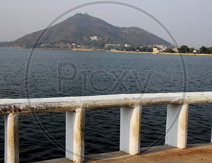 Lake, Hill And Barricade, Udaipur