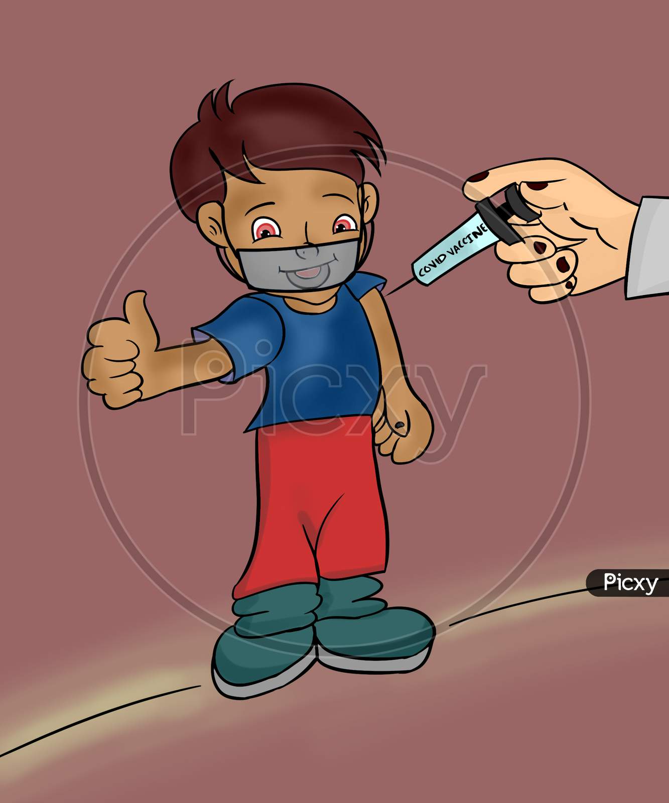 Happy Smiling Kid With Face Mask Getting Vaccinated And Showing Thumbs Up Gesture - Concept Of Childrens Coronavirus Covid 19 Vaccine Recommendation.