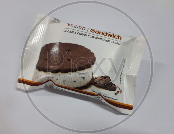 Closeup Of Arun Cookies & Cream Ice Cream Sandwich Pack Isolated On White Background