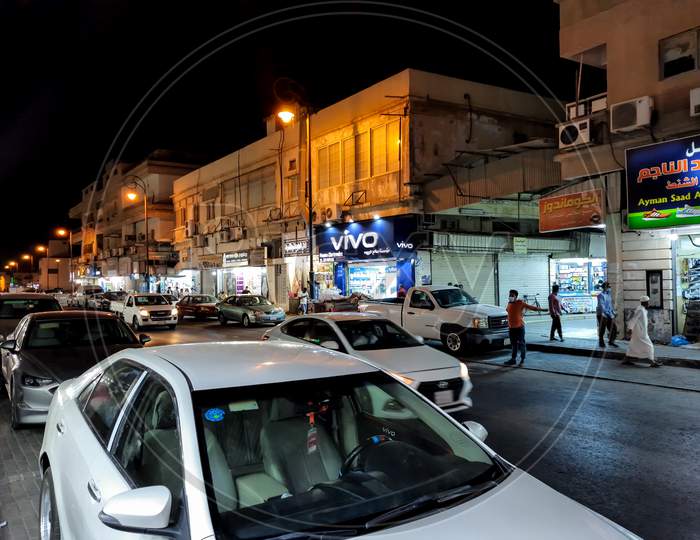 Beautiful Street and cars In Marketing Area beautiful view in night photo shoot,September,10,2021:al hasa saudi arabia.