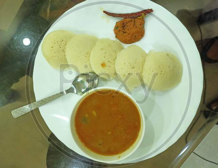 An Indian homemade South Indian cusine Idli Sambhar