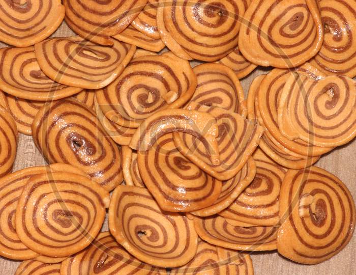 Closeup View With Selective Focus Of A Large Number Of Round Cookies