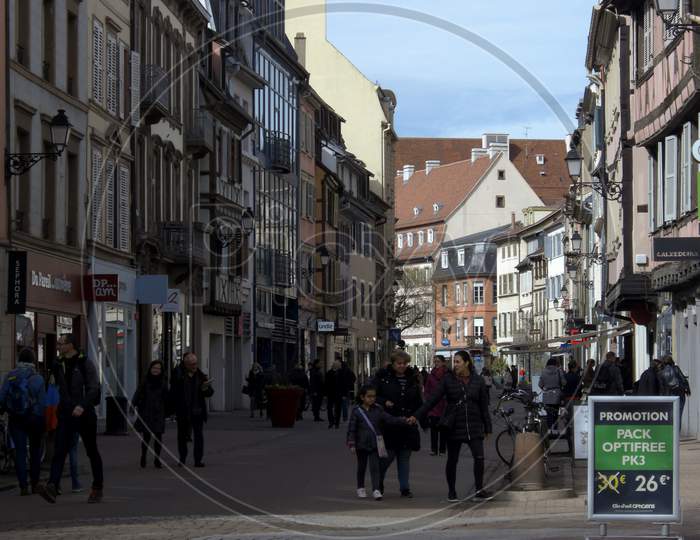 Colmar, France, March 6, 2019 Busy Street In The Old Town