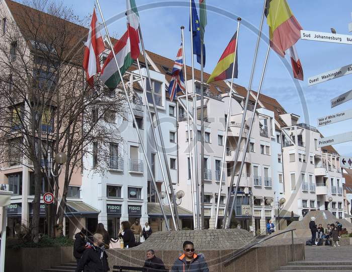 Colmar, France, March 6, 2019 European Flags In The Center