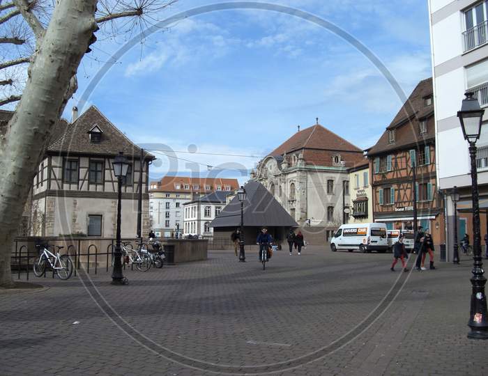 Colmar, France, March 6, 2019 People On A Square In The Center