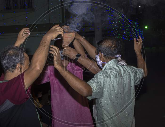 12Th October, 2021, Kolkata, West Bengal, India: Few Mid Aged Men Dancing And Enjoying. Selective Focus.