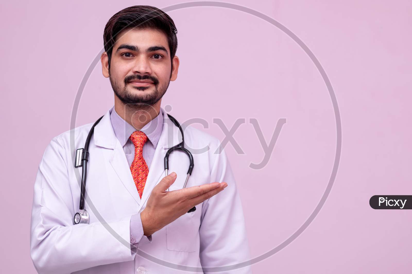 Young Doctor Holding Something In Empty Hand Isolated Background.