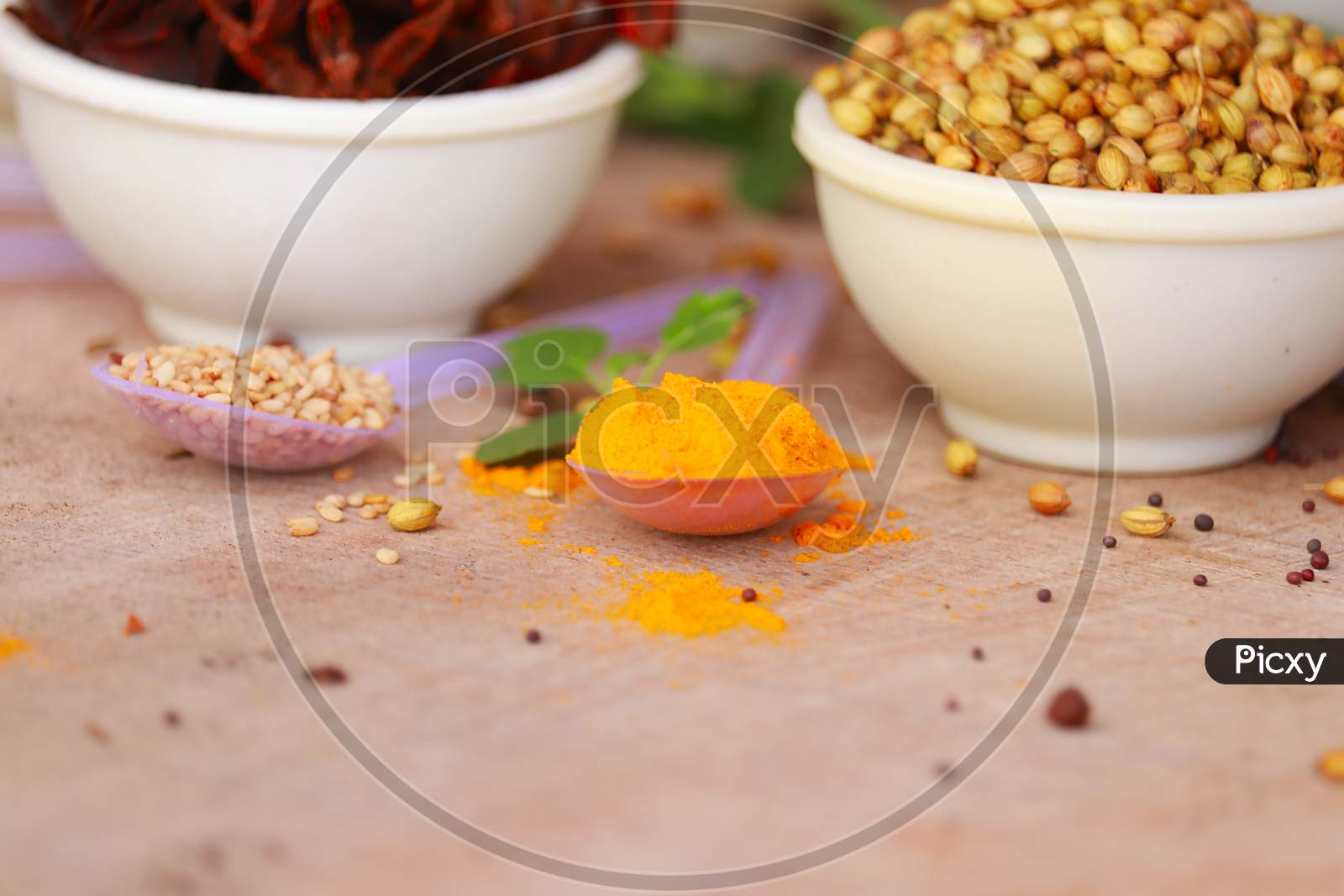Spices And Herbs In White Bowls,Indian Exotic Gourmet Food Ingredients: Incl Turmeric,Spice For The Indian Curry,Garam Masala,Tandoori Masala,