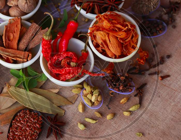 Spices And Herbs On Kitchen Or Wooden Table,Colorful Spices And Herbs For Cooking With Rotation Teblet, Jaiphal, Star Anise, Chakri Fool, Cardamom, Elaichi, Saunf,Background Rotating,