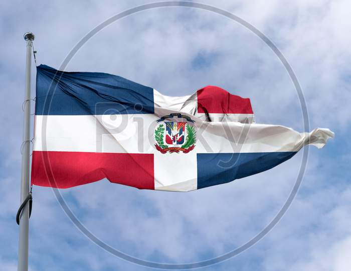 Dominican Republic Flag - Realistic Waving Fabric Flag.