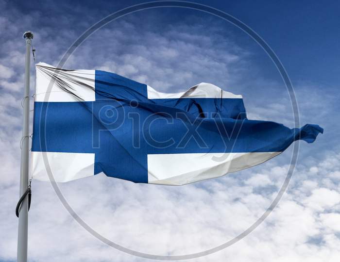Finland Flag - Realistic Waving Fabric Flag.