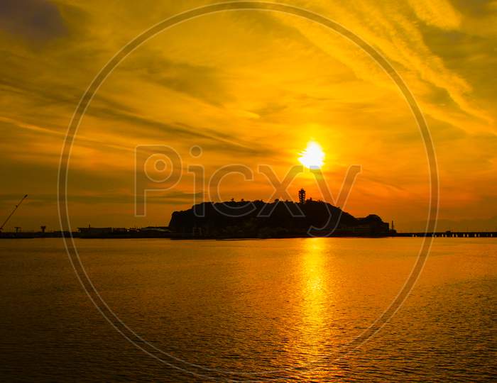 Enoshima Of Silhouette And Sunset