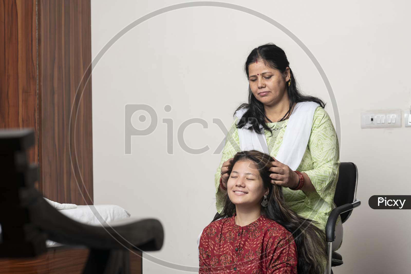 An Indian Girl Getting Her Head Massage By Her Mother, Daughter And Mother Love For Mother'S Day Concept.