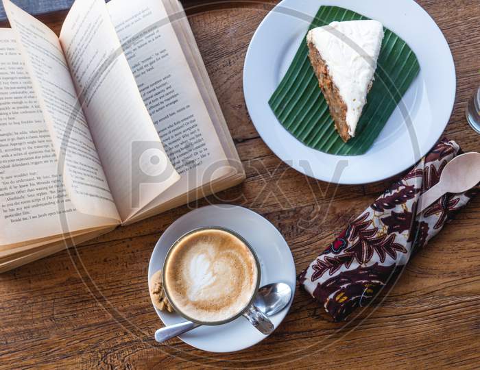 Chill With Coffee Latté, Cake And Book