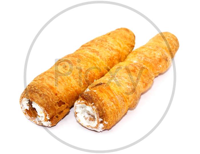 Puff Cream Rolls On White Background With Selective Focus