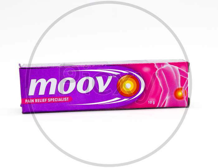 Noida , Utter Pardesh , India - October 22 2021 , Moov Pain Relief Cream , A Picture Of Moov Pain Relief Cream On White Background With Selective Focus In Noida October 22 2021