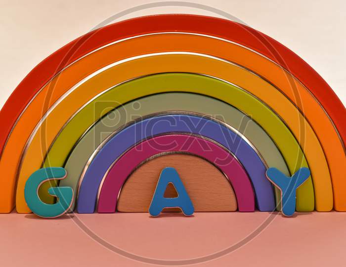 Vaduz, Liechtenstein, October 17, 2021 Gay Written In Front Of A Rainbow