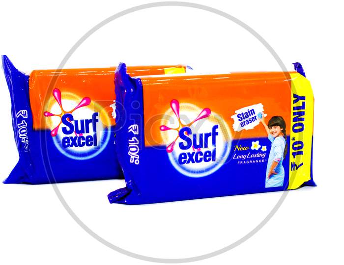 Noida , Utter Pardesh , India - November 7 2021 , Cloth Washing Soap , A Picture Of Surf Excel Soap On White Background With Selective Focus