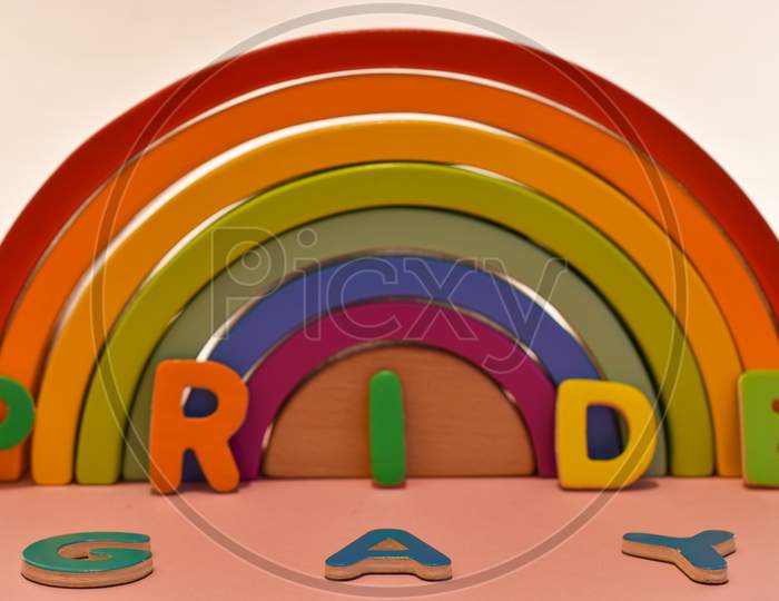 Vaduz, Liechtenstein, October 17, 2021 Pride And Gay Written In Front Of A Rainbow