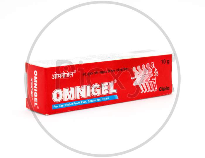 Noida , Utter Pardesh , India - October 19 2021 , Omnigel Pain Relief Gel , A Picture Of Omnigel Pain Relief Gel On White Background With Selective Focus In Noida October 19 2021
