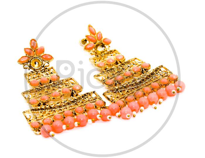 Earrings Isolated On White Background With Selective Focus