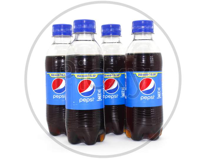 Noida , Utter Pardesh , India - October 18 2021 , Pepsi Bottles , A Picture Of Pepsi Bottles On White Background With Selective Focus In Noida October 18 2021