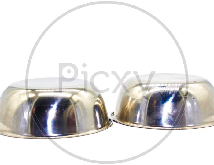 Stainless Steel Bowl On White Background With Selective Focus