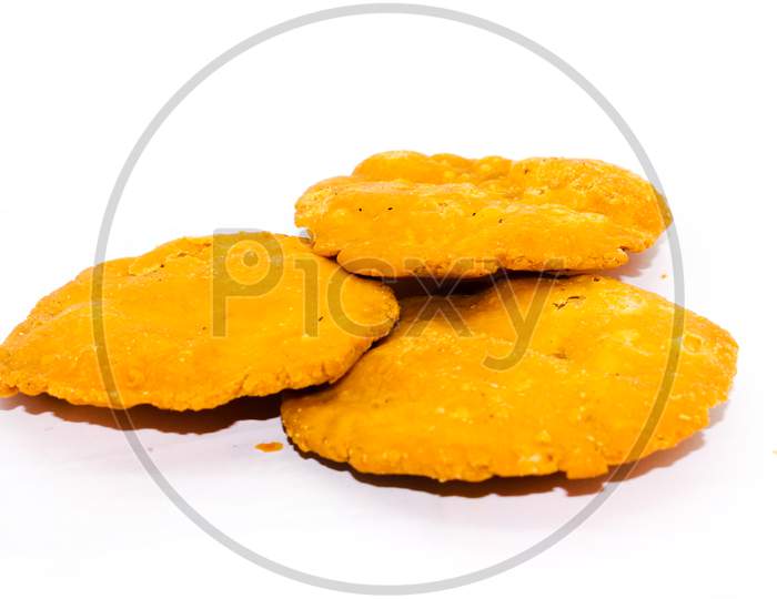 Crispy And Salty Mathdi On White Background With Selective Focus