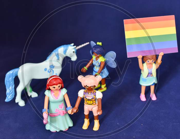 Vaduz, Liechtenstein, October 15, 2021 Human Toys A Gender Flag And An Unicorn