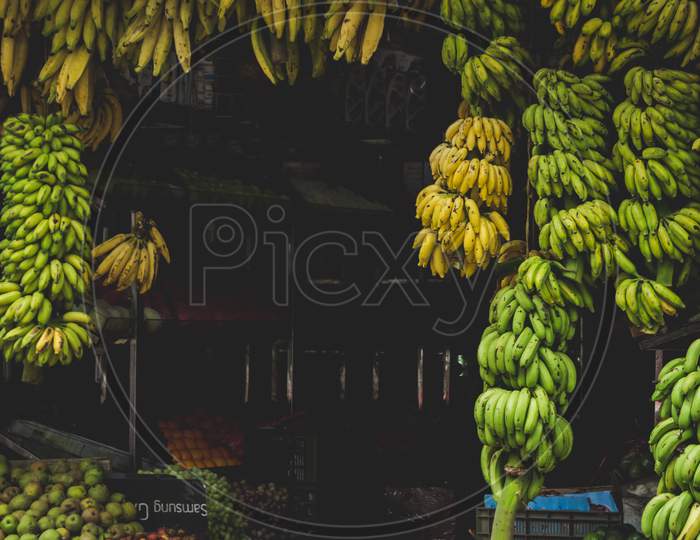 Bananas Hanging From A Store In India