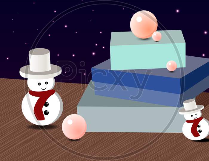 Snow Man And Pink Pearls With Gift Boxes, Beautiful Christmas Illustration For Social Media Promotion Sales Banner.