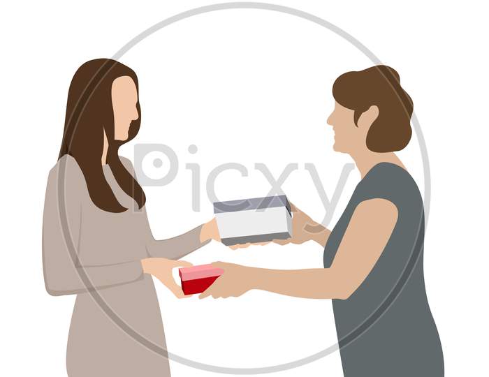 Two Girls Exchanging Gifts, Christmas Vector Illustration, Creative Gift Exchange Vector Artwork. Flat Character Illustration Of People Giving Gifts.