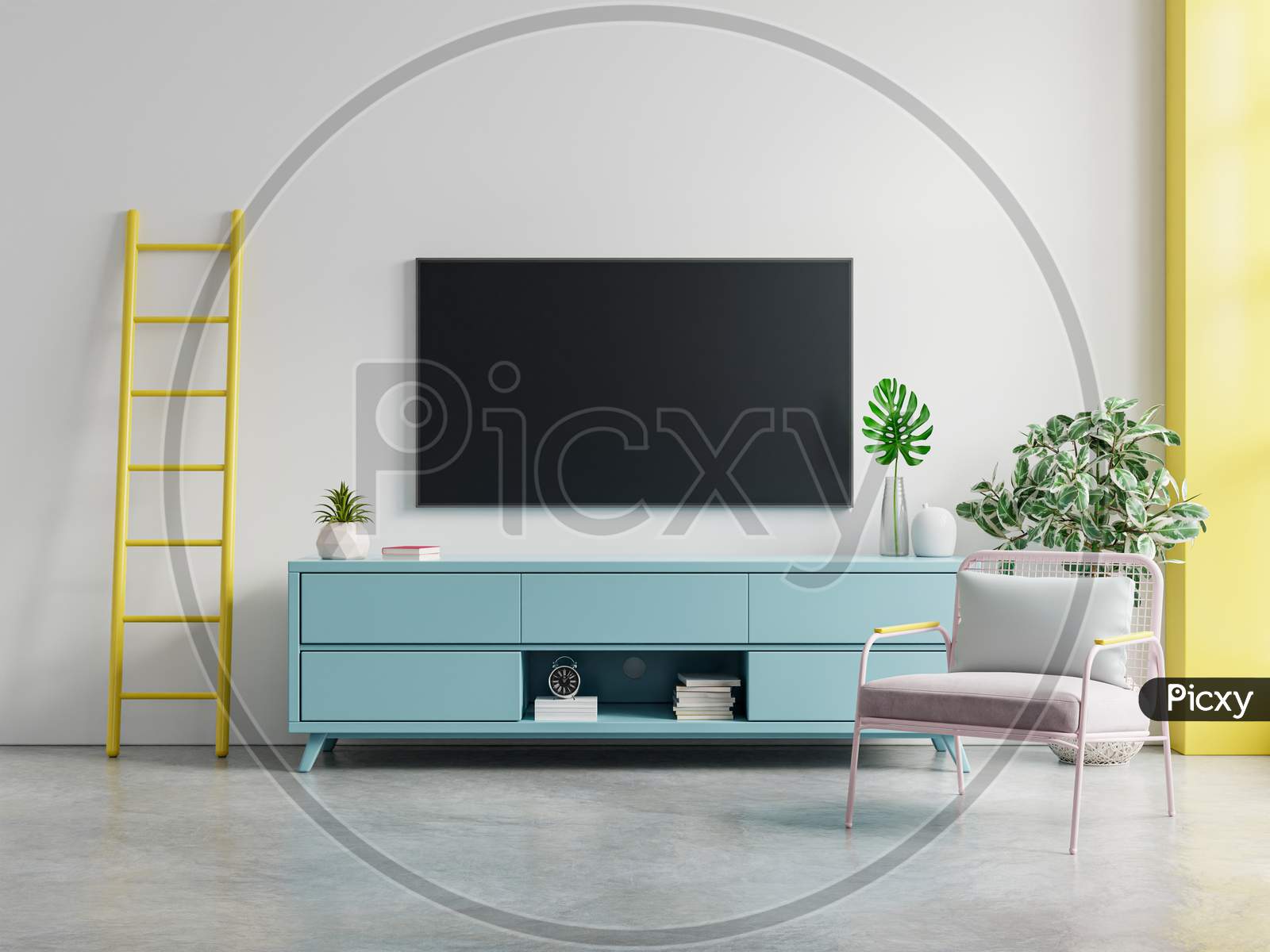 Tv On Cabinet Interior Wall Mockup In Modern Empty Room,Minimal Design.