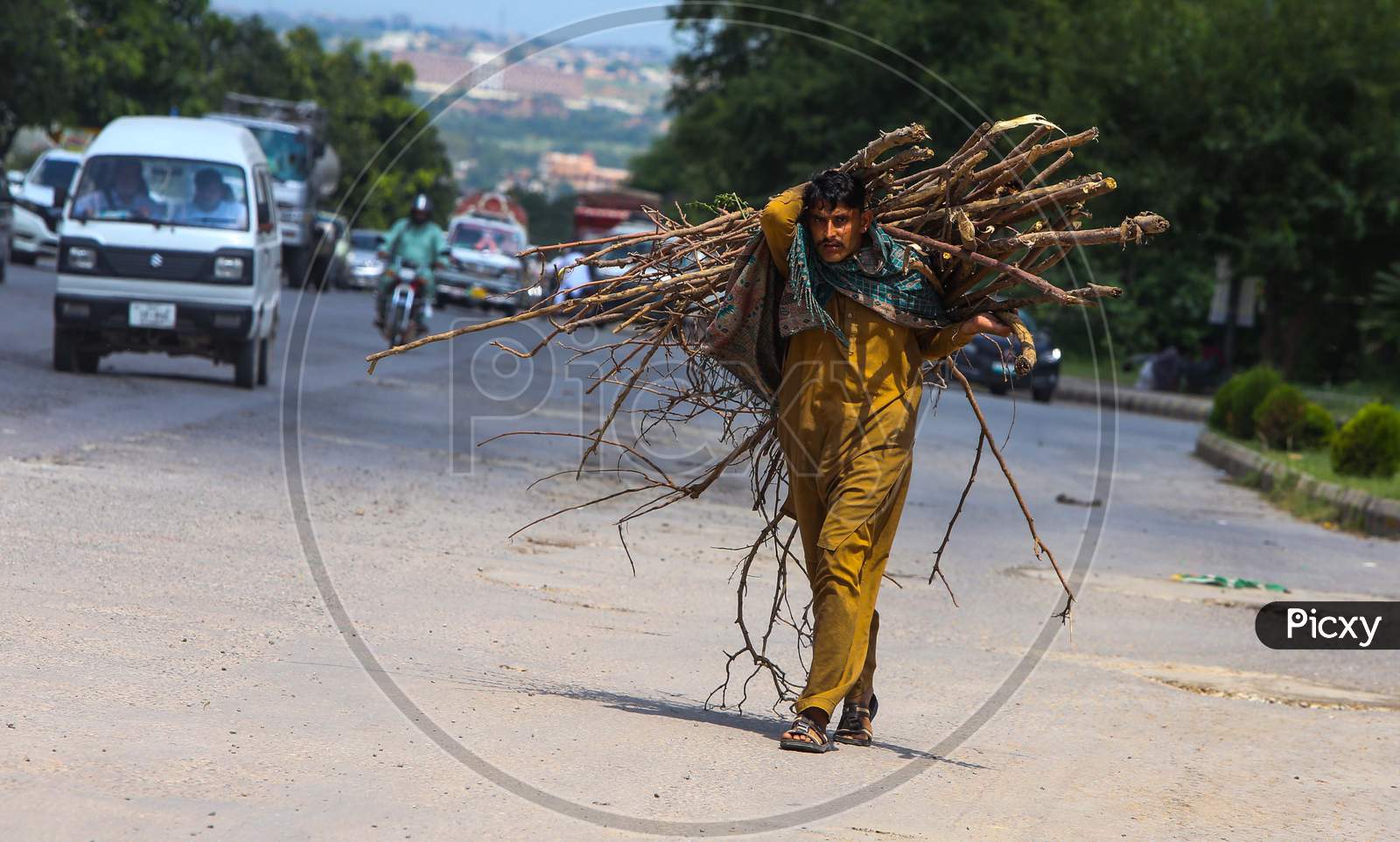 Image of PAKISTAN,RAWALPINDI,A woodcutter busy in collecting wood after