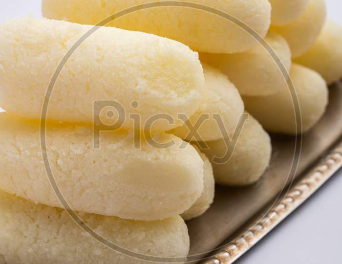 Cham Cham Is A Bengali Sweet Made By Curdling Milk And Then Shaping The Coagulated Solids To Cylindrical Shape Pieces