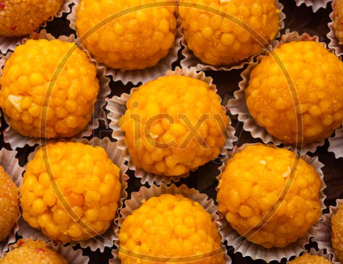 Indian Sweet Motichoor Laddoo Or Bundi Laddu Made Of Gram Flour Very Small Balls Or Boondis Which Are Deep Fried And Soaked In Sugar Syrup Before Making Balls