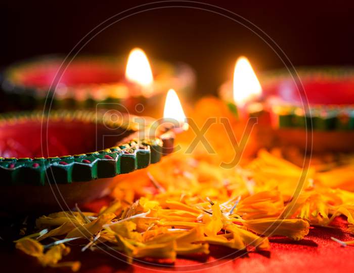 Happy Diwali - Clay Diya Lamps Lit During Diwali Celebration. Greetings Card Design Of Indian Hindu Light Festival Called Diwali