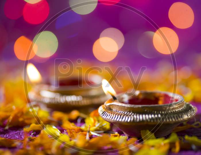 Clay Diya Lamps Lit During Diwali Celebration. Greetings Card Design Indian Hindu Light Festival Called Diwali
