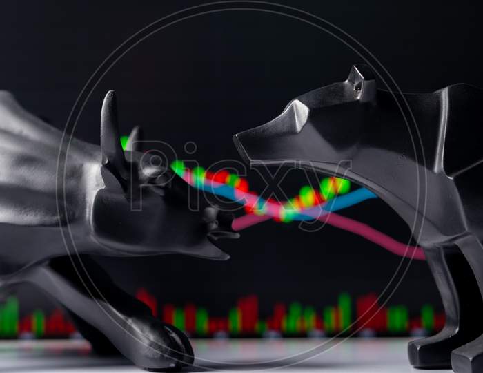 Selective Focus On Bull And Bear With Background Graphs Or Charts - Concept Of Stabilized Or Sideways Stock Or Equity Share Market.